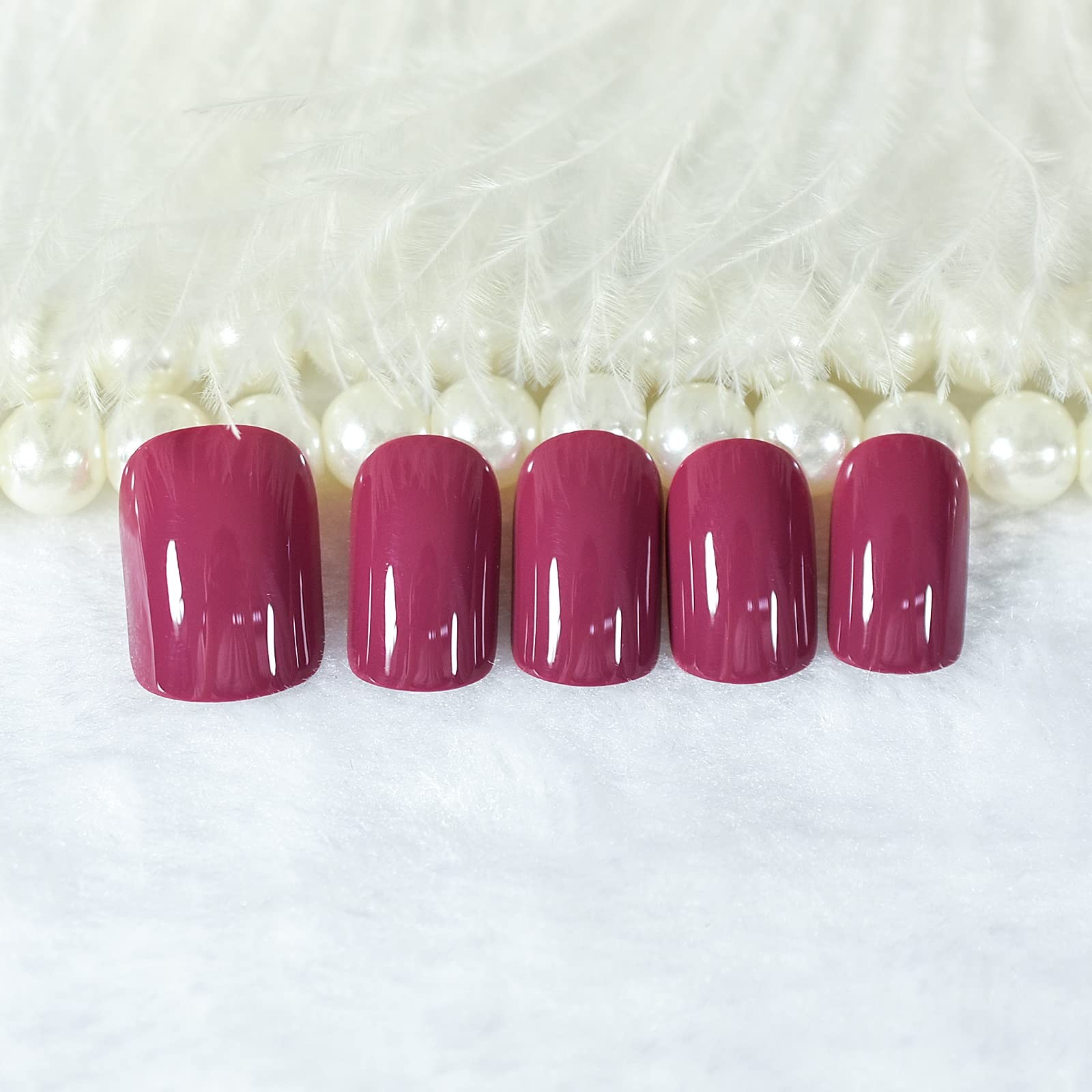 Press on Nails Glossy Dark Rose Pink False Nails Medium Short Squoval Nail Ar…