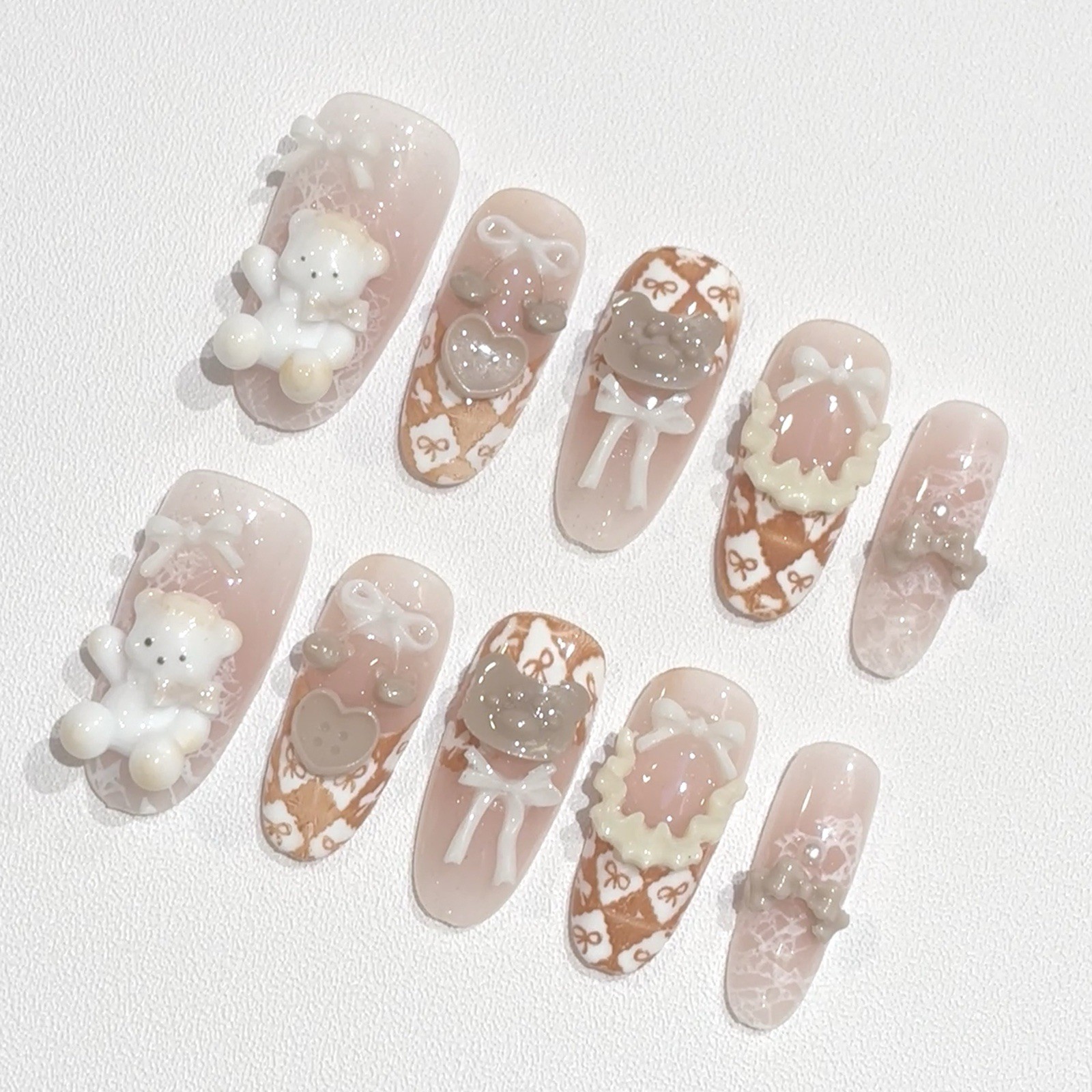 Cute Press On Nails Handmade 3D Teddy Bear Brown Checkered 10pcs Fake Nails Set