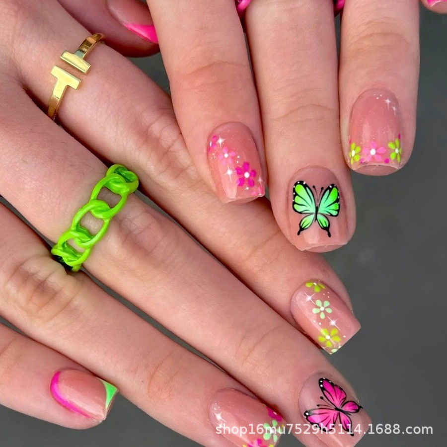 48pcs-Cute Pink Nude Nail, Press On with Green Pink Floral and Butterfly Designs