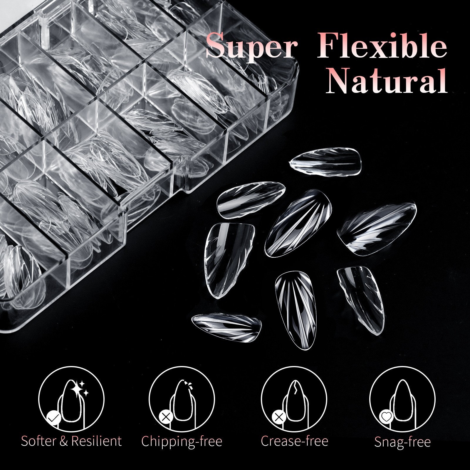 Clear 3D Shell Almond Shape False Nail Tips Small/Medium/Long Sizes Full Cover