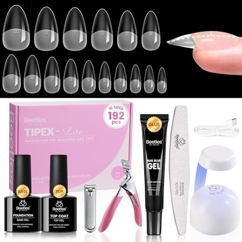 192pcs Almond Medium Nail Tips Kit with UV Glue, Base & Top Coat, Mini Lamp & To