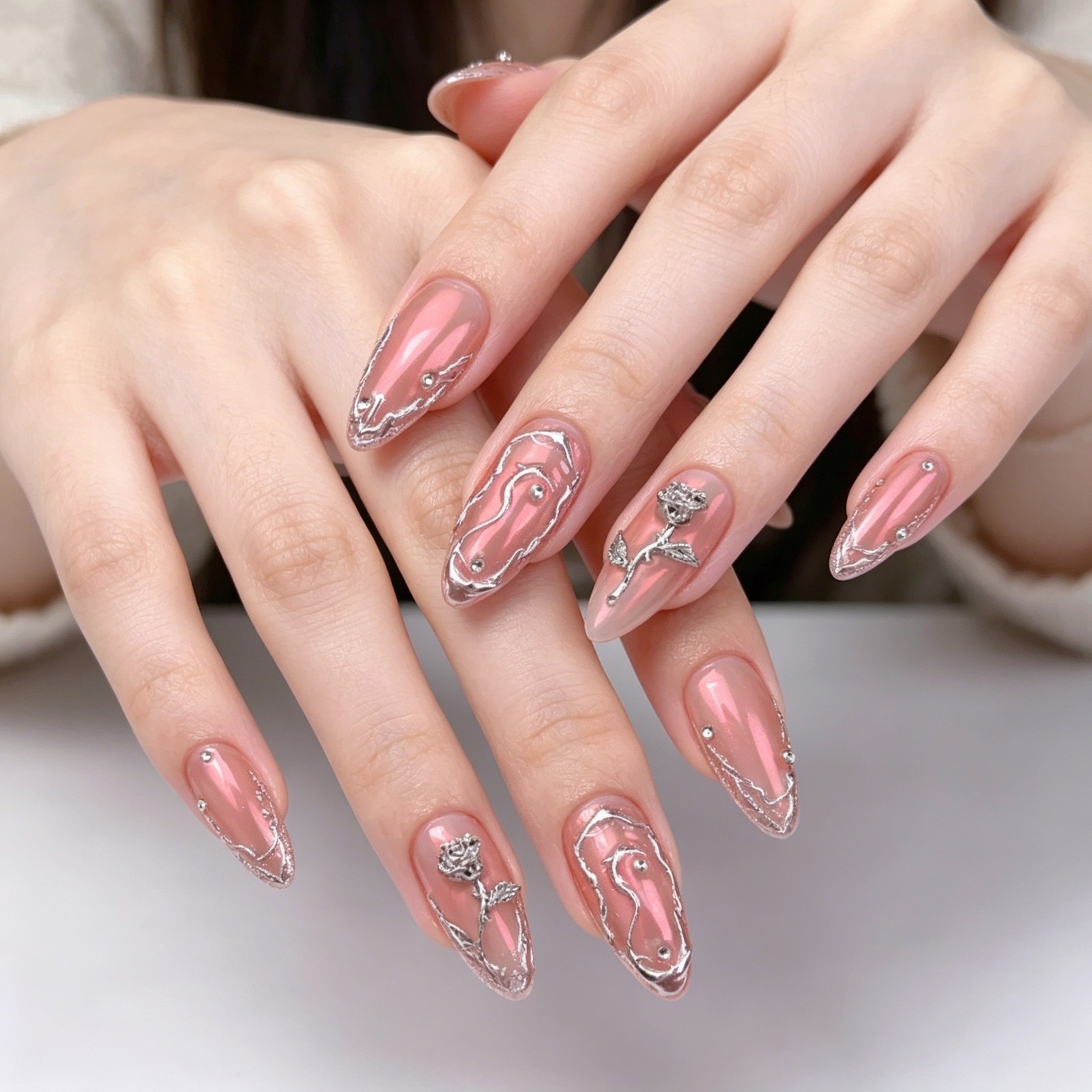 Handmade Chrome Pink Press On Nails Medium Almond 3D Metal Rose Y2K Punk Glam
