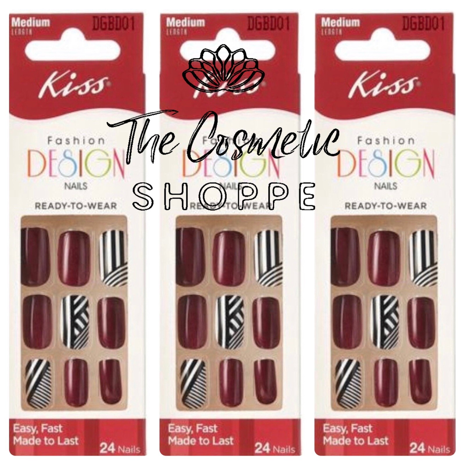 KISS Medium Length Shiny Burgundy Abstract Design Glue-On Nails DGBD01 x 3 Pks!