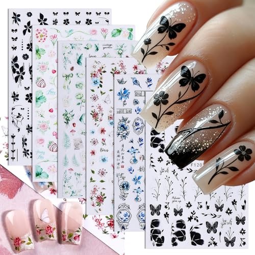 6 Pcs Flower Nail Stickers 3D Self-Adhesive Black Butterfly Nail Art