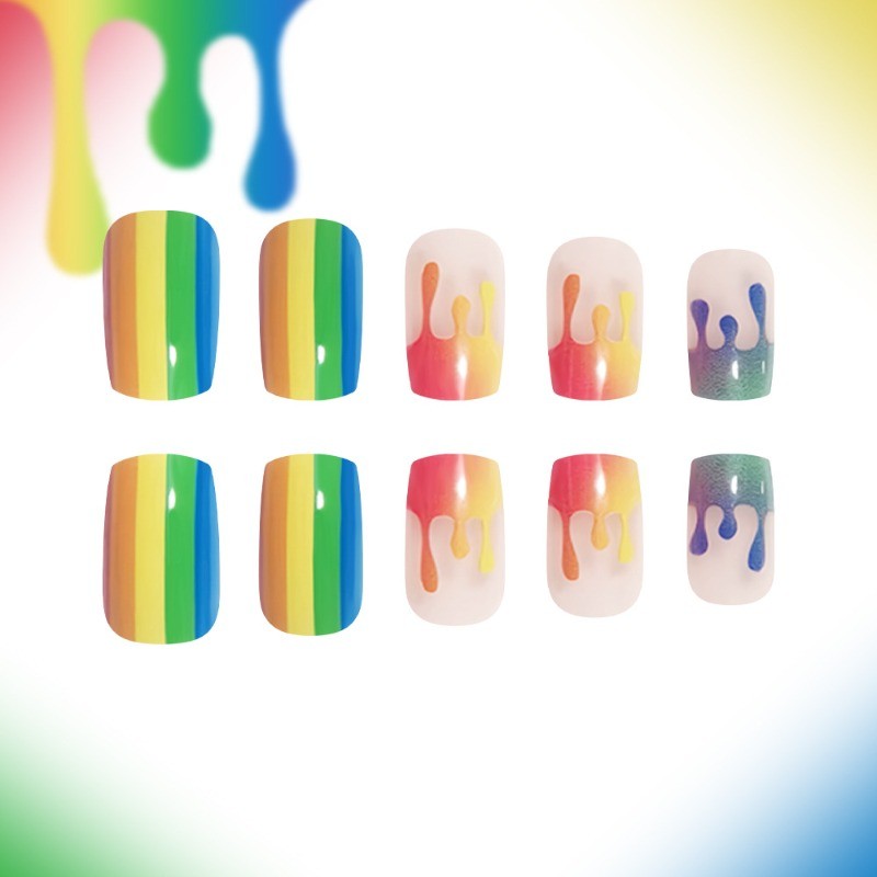 48pcs-Rainbow Drip Press on Nails, Short Square Gradient Pride Fake Nails