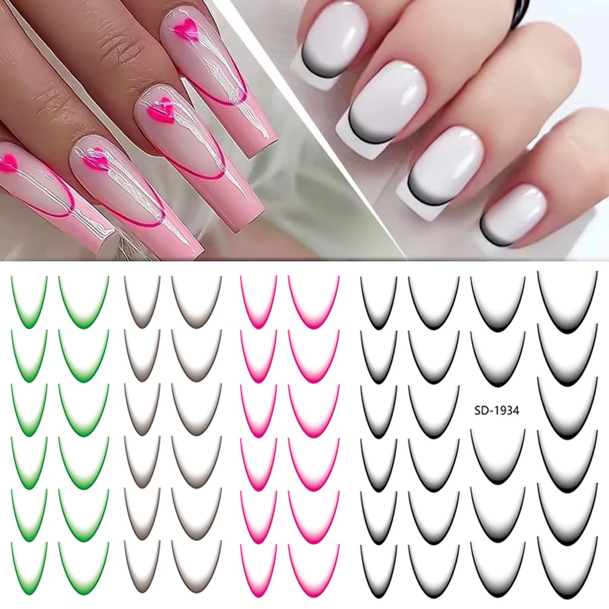 12Sheets Gradient French Line Nail Stickers, Colorful Stripes Line Transfer D…
