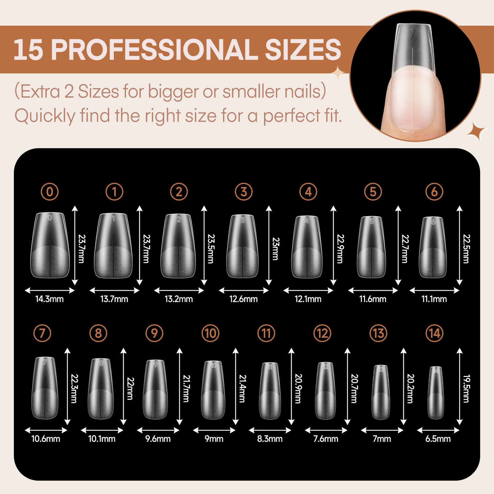 Coffin Nails Tips 15 Sizes Pre-buff Matte Full Cover 360pcs Medium Clear Acrylic