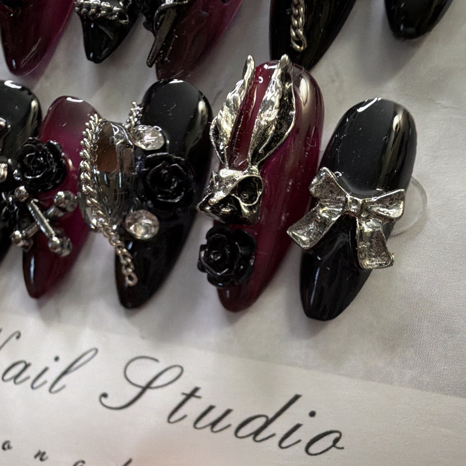 3D Butterfly Coffin Press-On Nails Long Full Cover Black Burgundy Pre-Designed