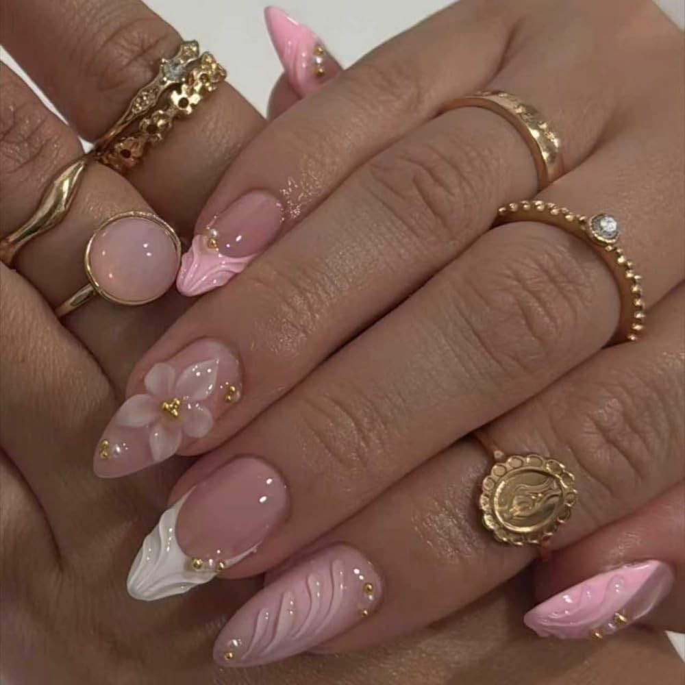 Medium Almond Press on Nails French Tips Nails Press on with 5D Flower Charm …