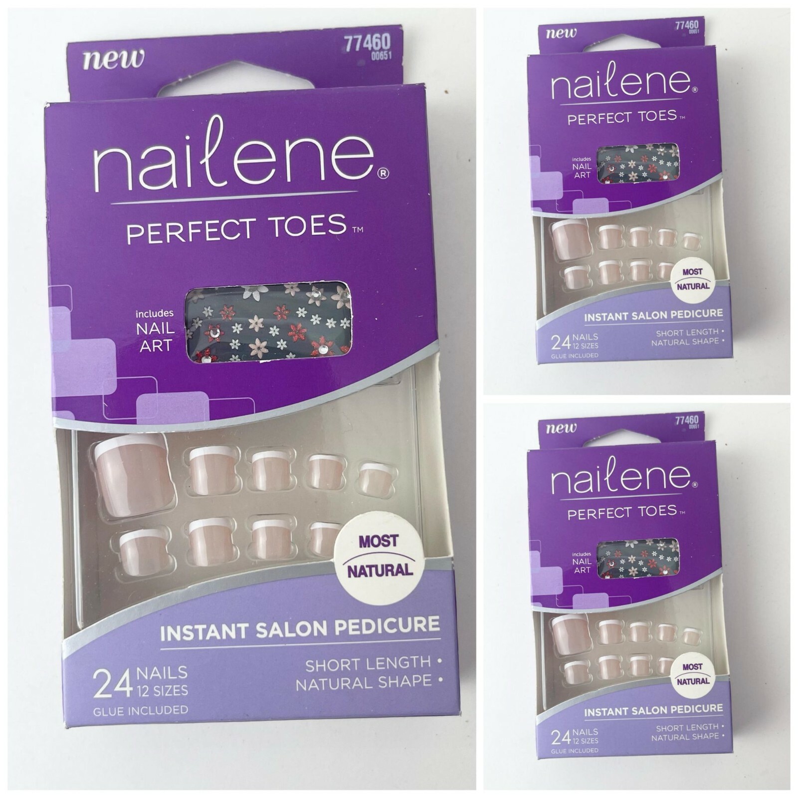 Lot of 3 Nailene Perfect Toes Include Nail Art,Glue Included 24Nails-Short 77460