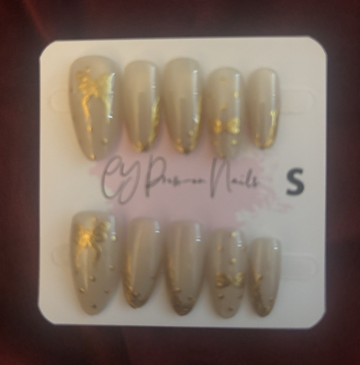 Press-On Nails Set Gray/Gold Shiny Abstract Medium Coffin Full Cover