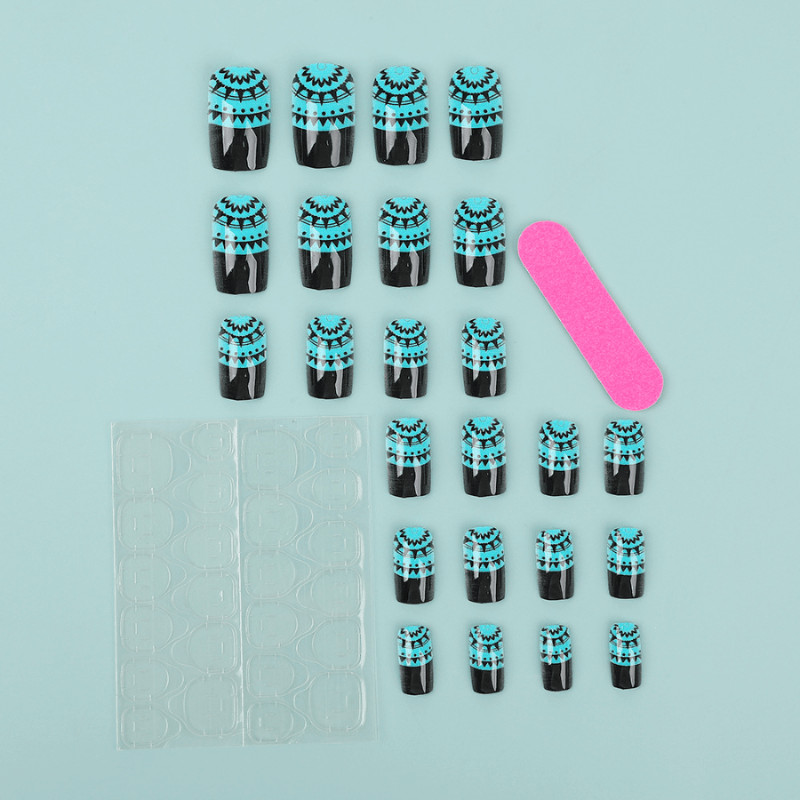 48 Pcs Green Black Lace Press on Nails, Short Square Glossy Stylish Fake Nails