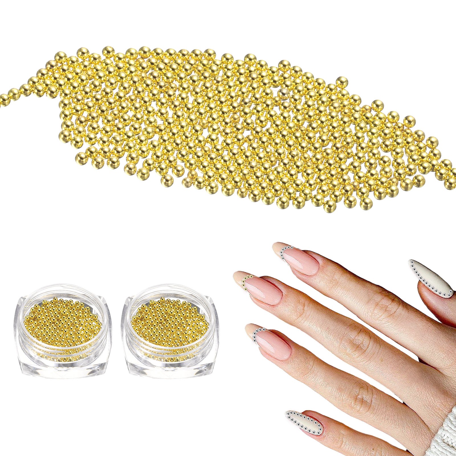 2pcs Nail Art Beads 0.06″ Mini Metal Caviar Nails Beads Ball for DIY Craft, Gold