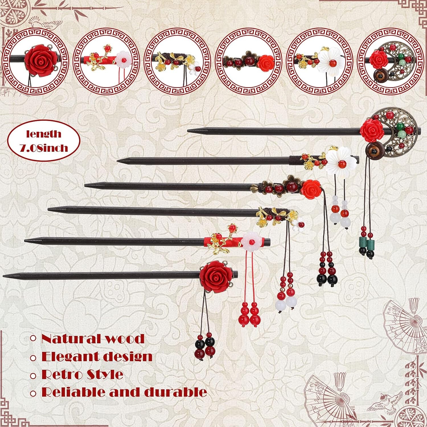 WILLBOND 6 Pcs Hair Sticks for Women Wooden Chinese Multicolor