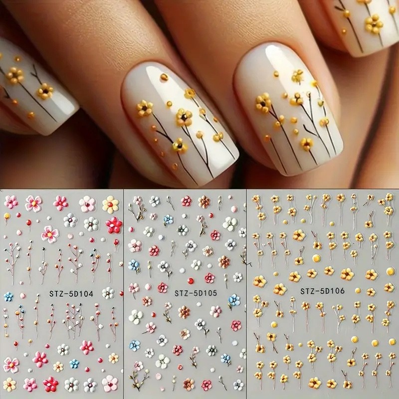 6PCS 5D Embossed Daisy Nail Stickers Shiny Self-Adhesive DIY Nail Glam Kit