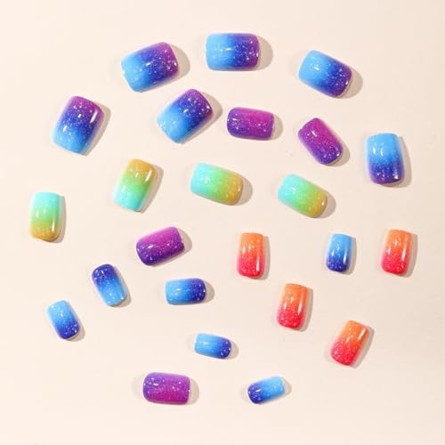 Colorful Glitter Press on Nails Extra Short Square Fake Colorful Ombre Glitter