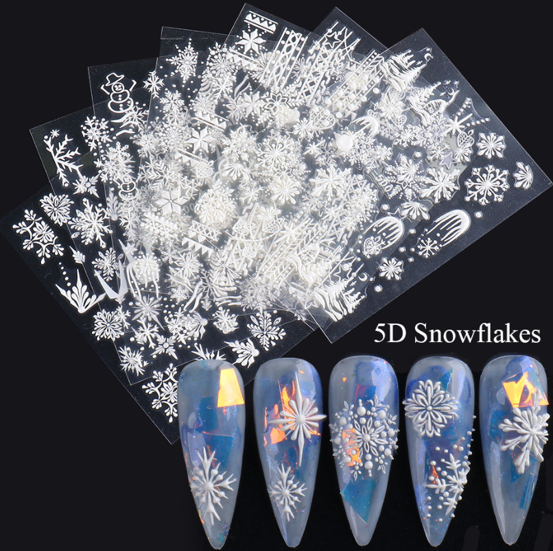 5D Embossed Christmas Snowflakes Tulip Flowers Heart Bear Nail Stickers Peel Off