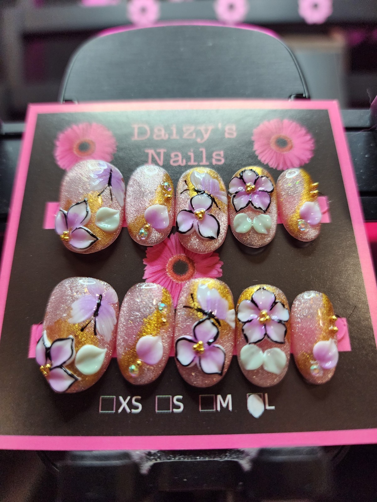 Large Size Press-on Nail 10Pc Set Handmade Oval Purple 3D Flower 2.0 Cm Length