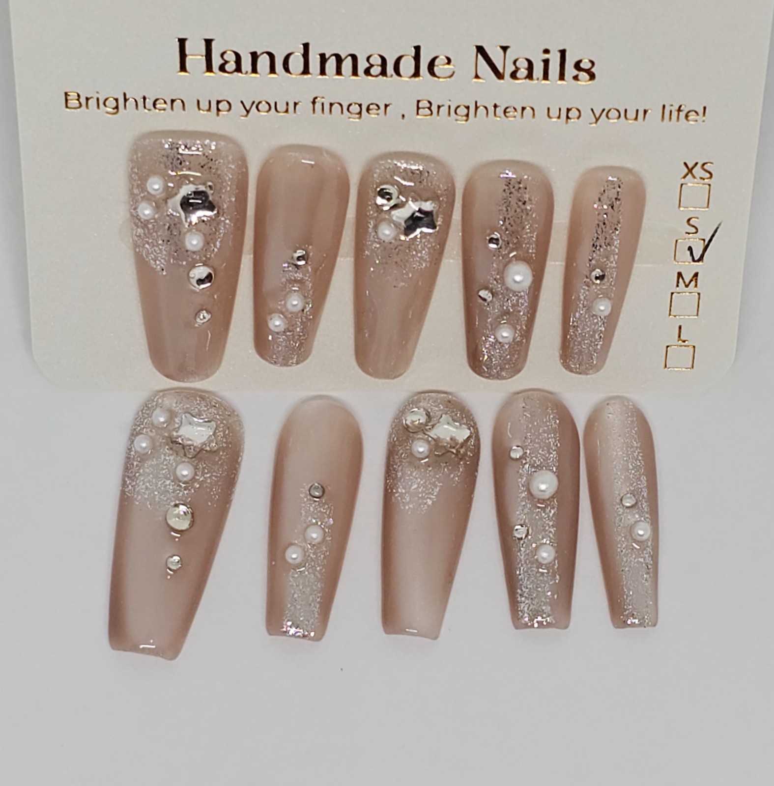Handmade Press-On Nails – Champagne Pearl Sparkle | LLN-C002
