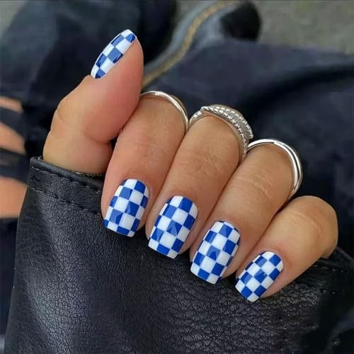 Square Press on Nails – Short Fake Nails – 24Pcs Glossy Blue White Style 01