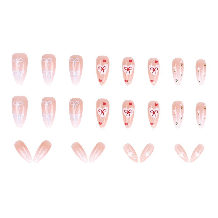 48 Pcs Bow Heart Press on Nails, Medium Almond Pink Gradient Cute Fake Nails