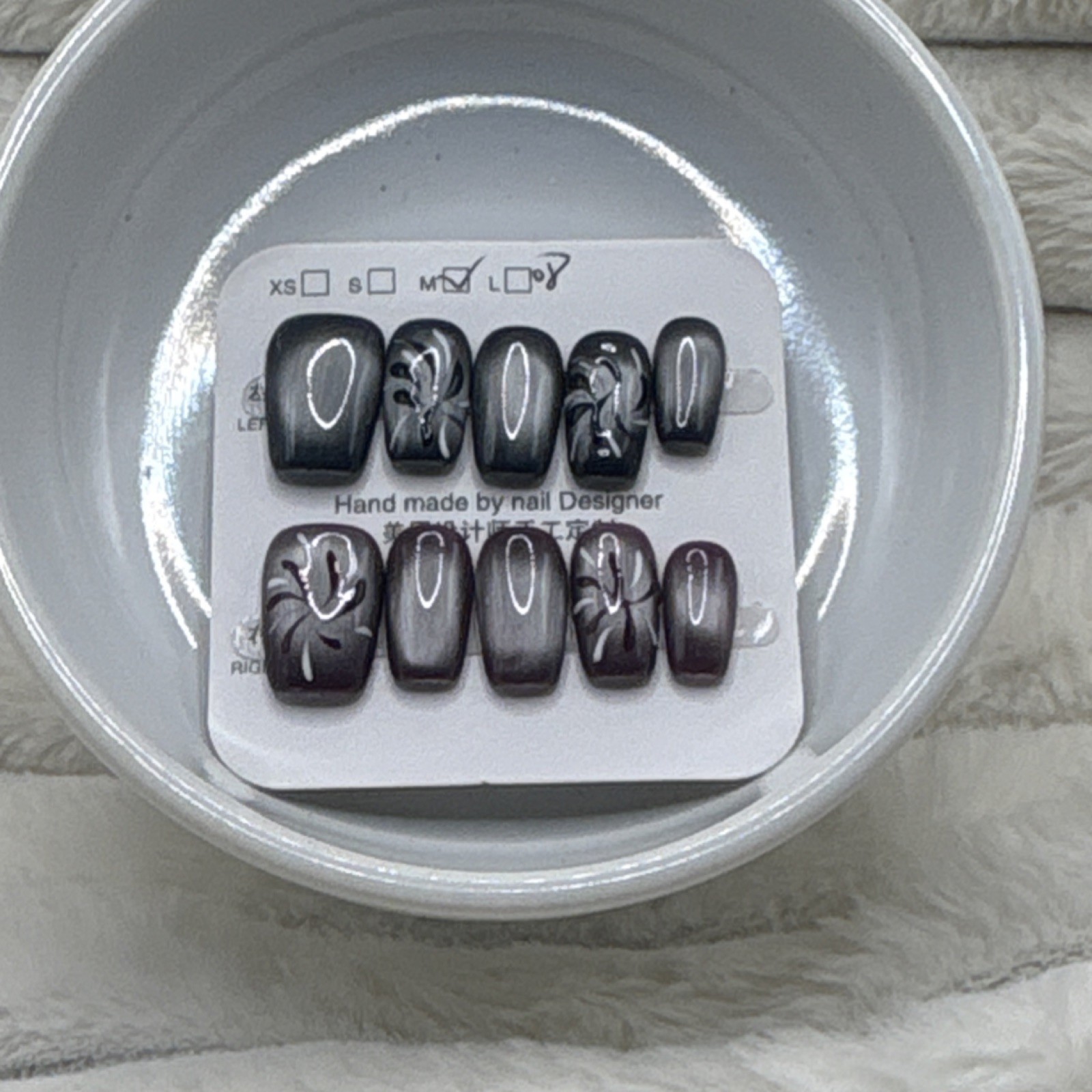 Medium Square Press-On Nails Black Gray Floral Shiny Full Cover Set