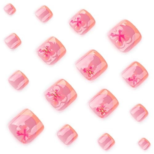 French Tip Press on Toenails Square Fake Toenails with Flower Short Style-3