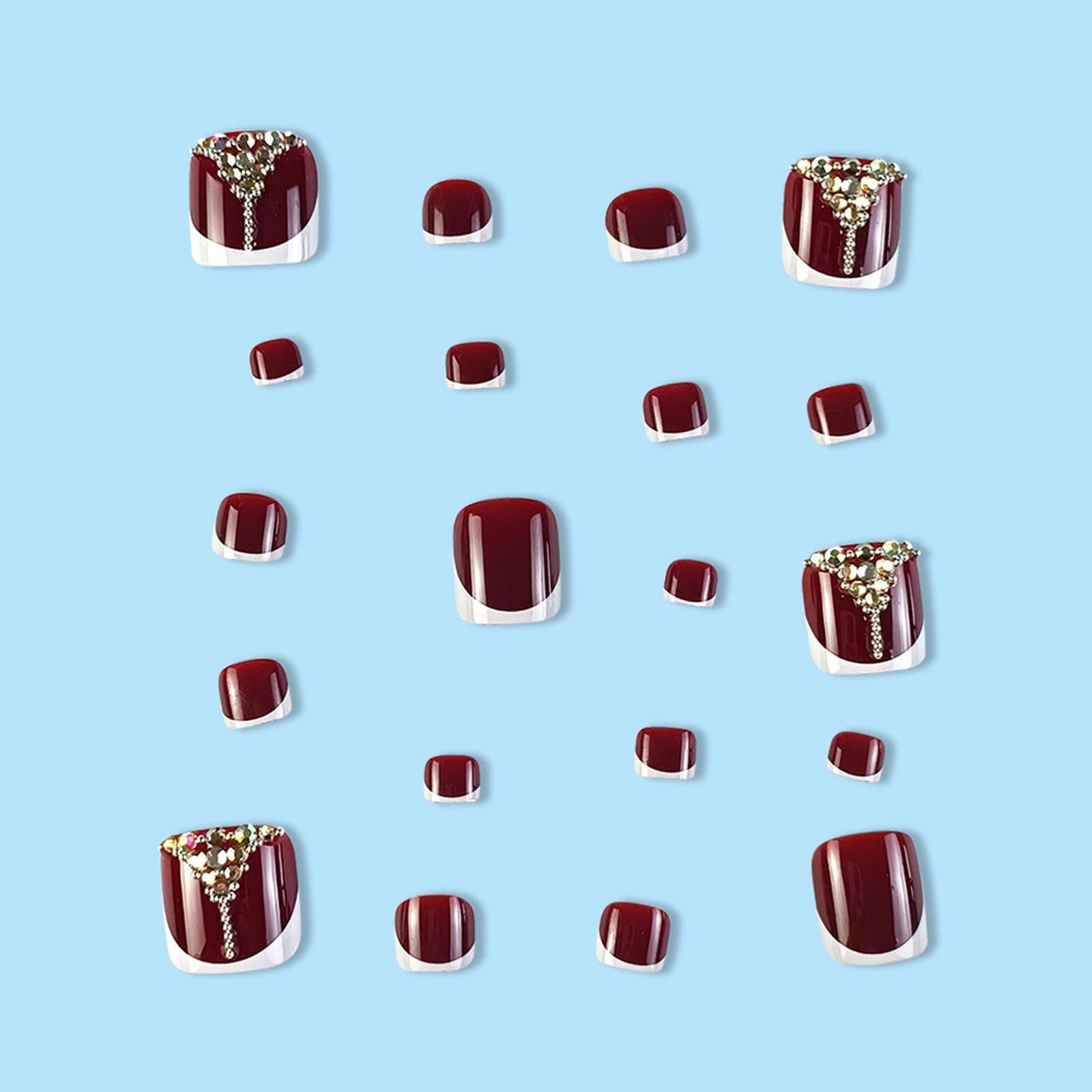 Red Press on Toenails French Tip Fake Toenail Rhinestone False Nail for Toe R…