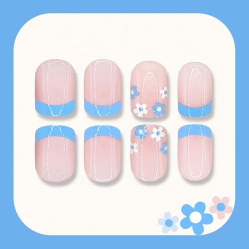 Spring Summer Press on Nails Blue French Tip Fake Nails Flowers Design Style-14