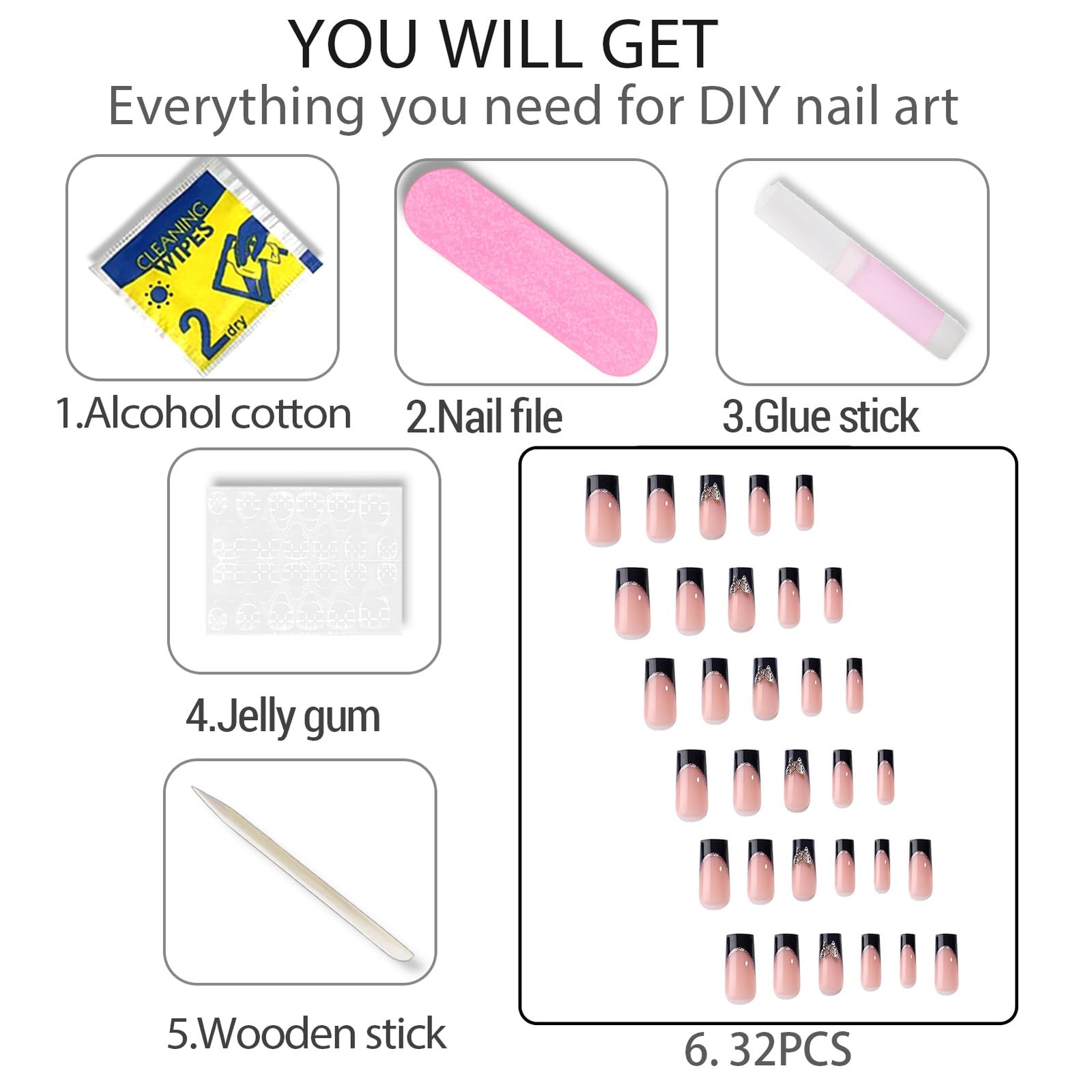 Black French Tip Press On Nails – Long Press On Nails Square Fake Nails with …
