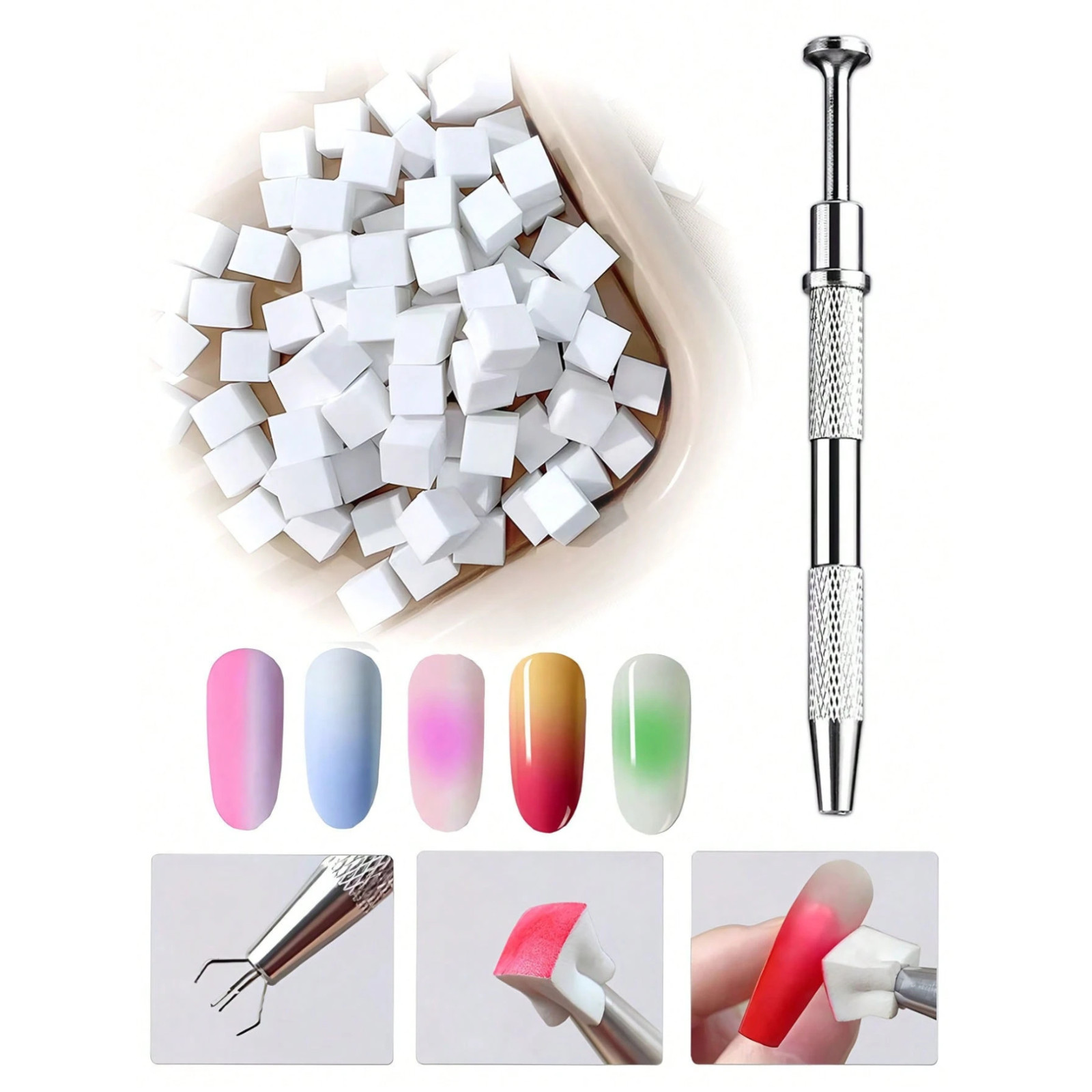 Nail Art Soft Sponges With Metal Grabber Pen for Ombre and Aura Nail Art Tools