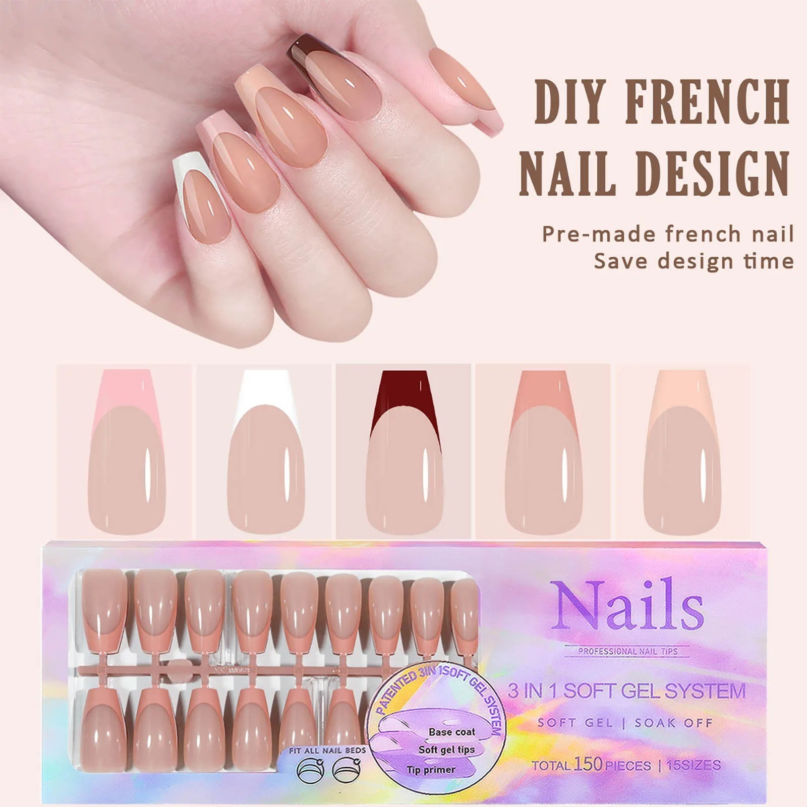150pcs 6 Colors Fake Nail Multi-size False Nail Press On Acrylic Nails Almond Fr