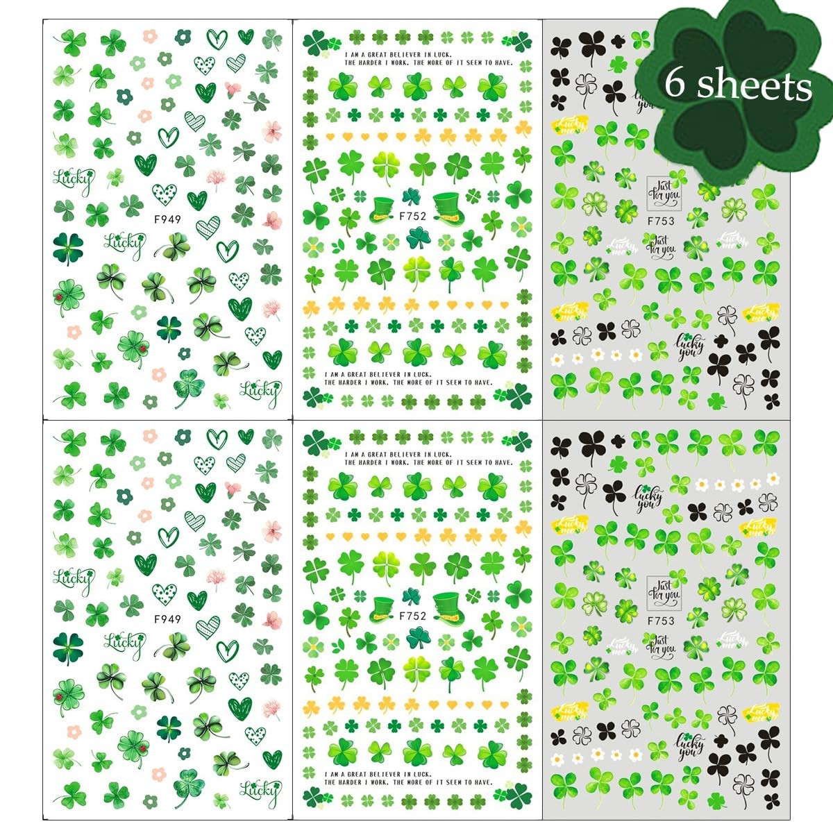 6 Sheets St. Patrick’s Day Nail Art Stickers Green Shamrock Nails