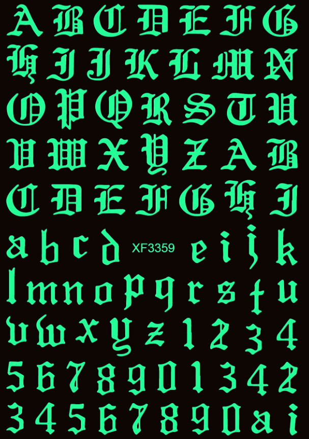 Old English Alphabet Letters Glow in the Dark Nail Stickers Decals Luminous NH21