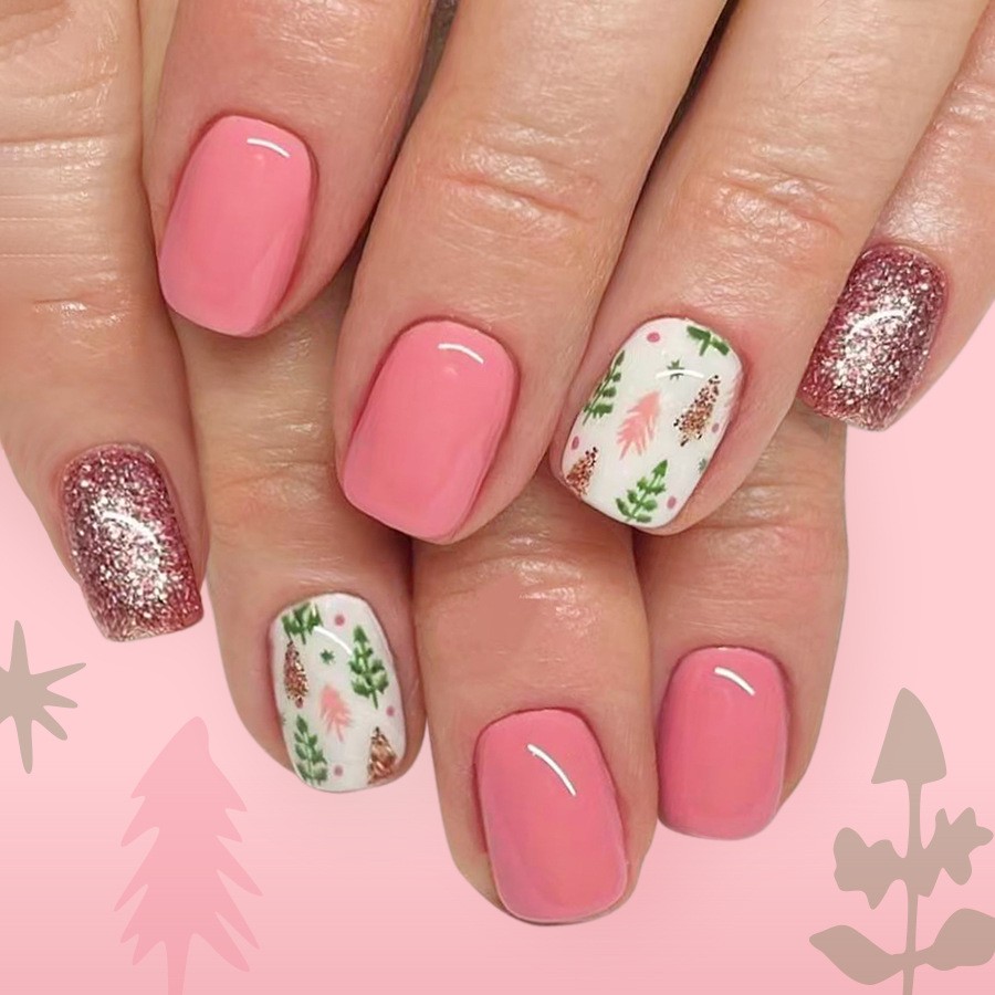 48pcs Christmas Pink Press On Nails Glitter Festive Holiday Wearable Nail Art