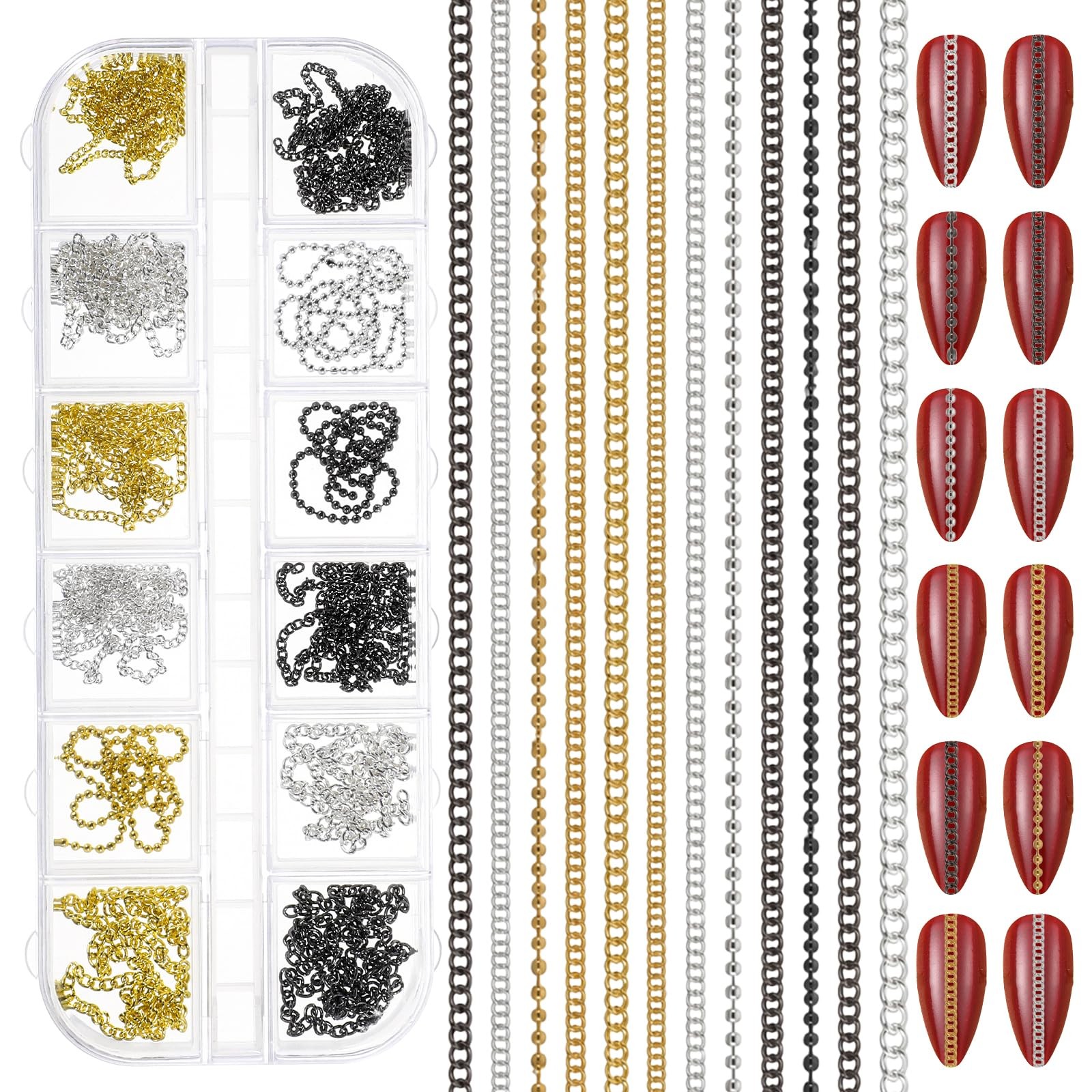 12 Strips Metal Nail Chains for Nail Art, 3D Gold Silver Black Chain Nails Ch…