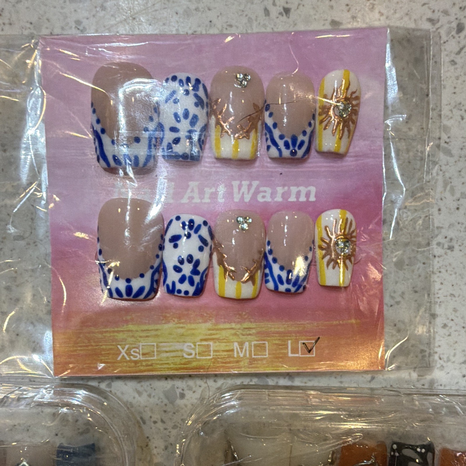 Press-On Nails Pink Nude White Glitter 3D Floral Long Square lot of 7 Large