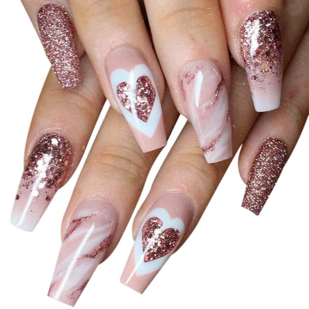 Secret Lives Glossy Premium Artificial Nails Light Pink Color with Heart 24 Nail