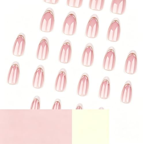 24Pcs Medium Almond White French Tip Double Gold Line Nude Short Style-30