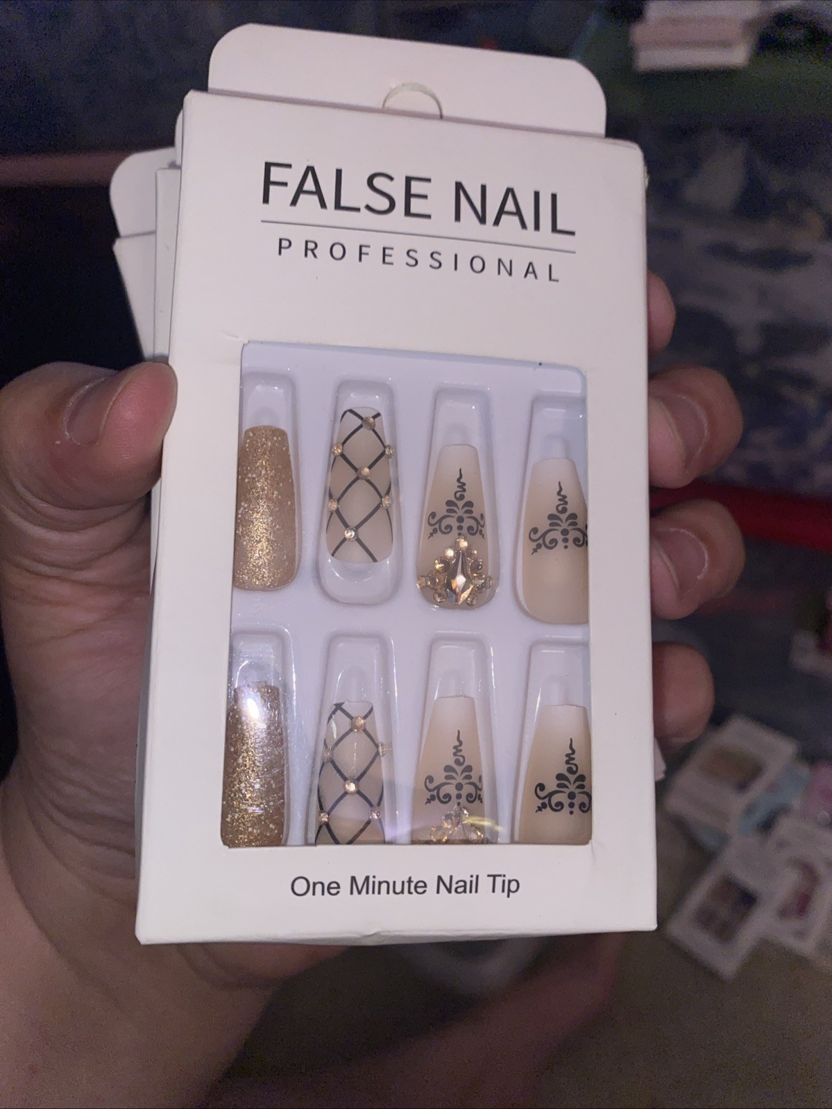 Romantic Fancy Embellished Long Coffin Press On Nails 24pcs Boxed Glue & Tabs