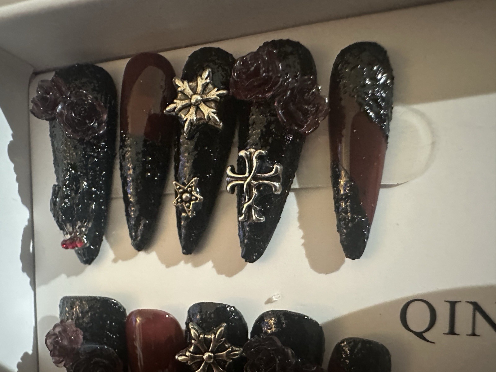 Black Burgundy 3D Stiletto Press-On Nails Gothic Roses Crosses size M