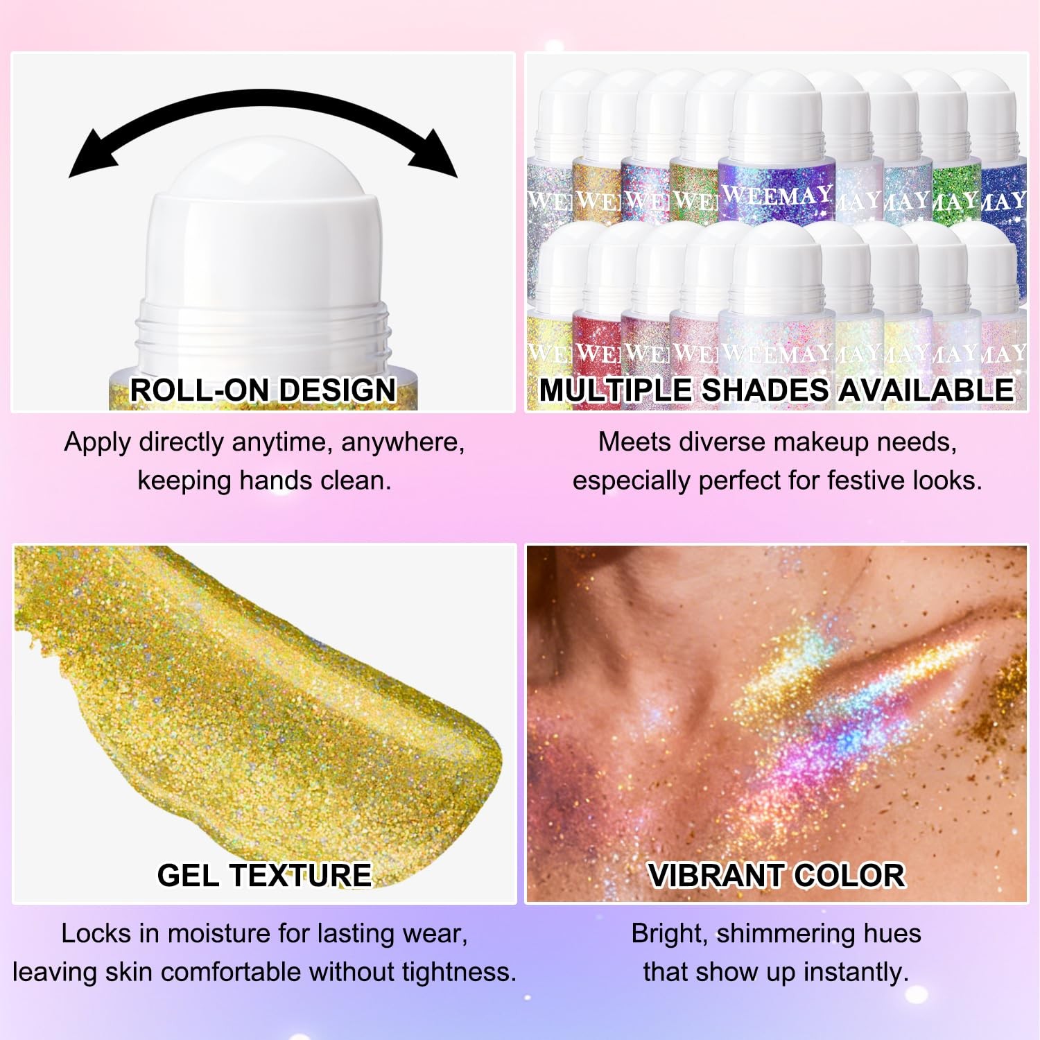 Roll-on Holographic Body Glitter Gel for Face and Hair, Chameleon Color Chang…