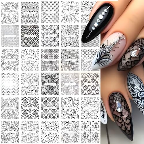 30 Sheets Nail Stickers for Nail Art Flower Nail Stickers 3D Self Black Lace