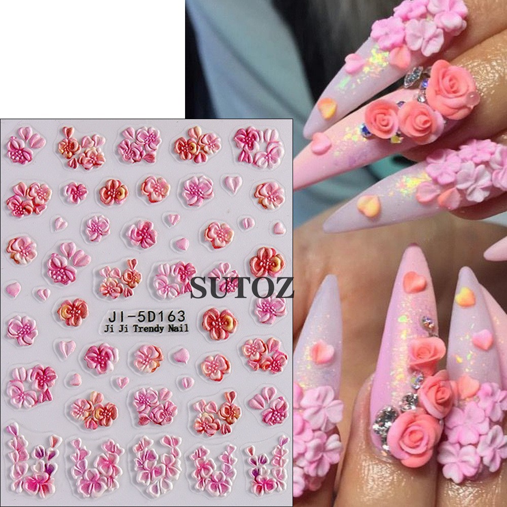 3D Gradient Flower Embossed Lily Hibiscus Floral Nail Art Stickers Decor NH29