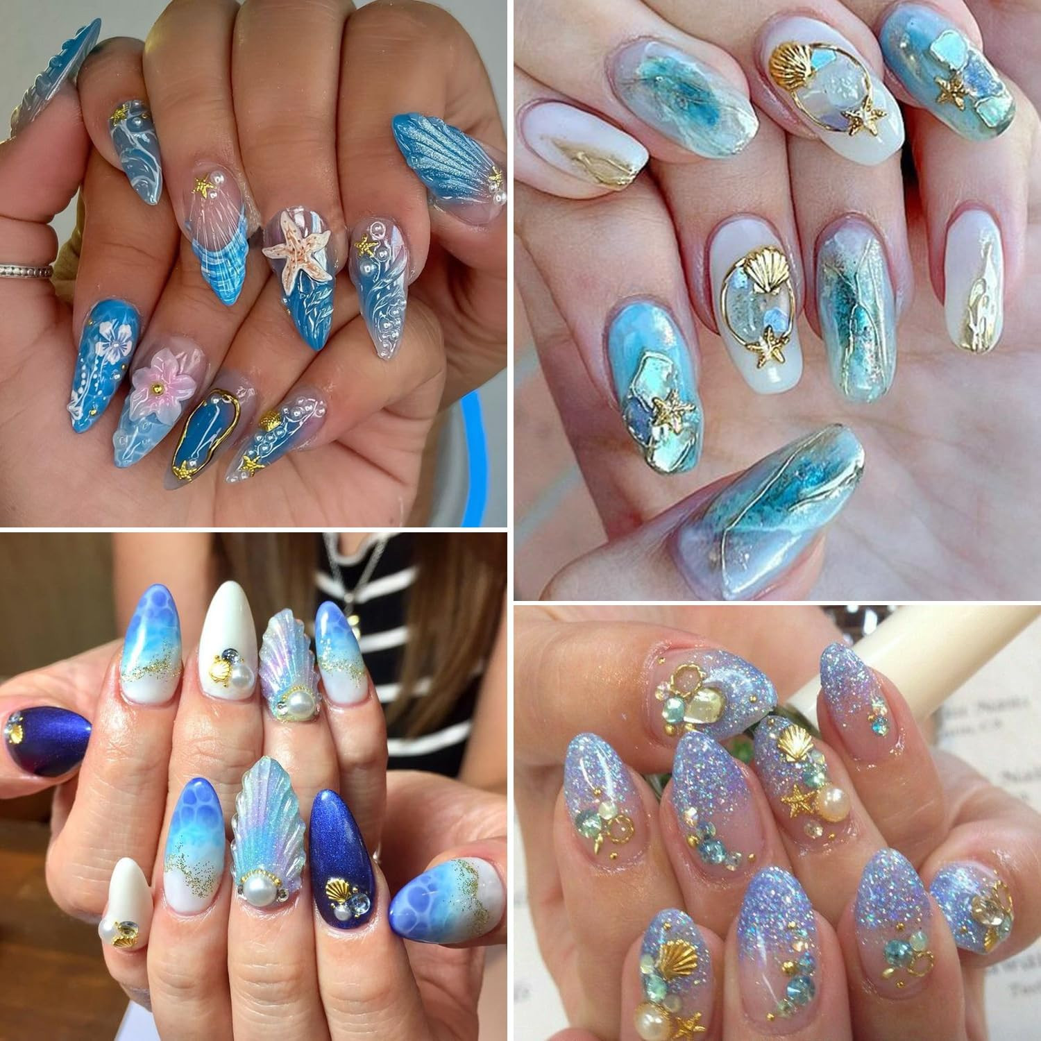 12Grids Summer Metal Nail Art Charms 3D Gold Starfish Shell Conch Nail Charms Sp