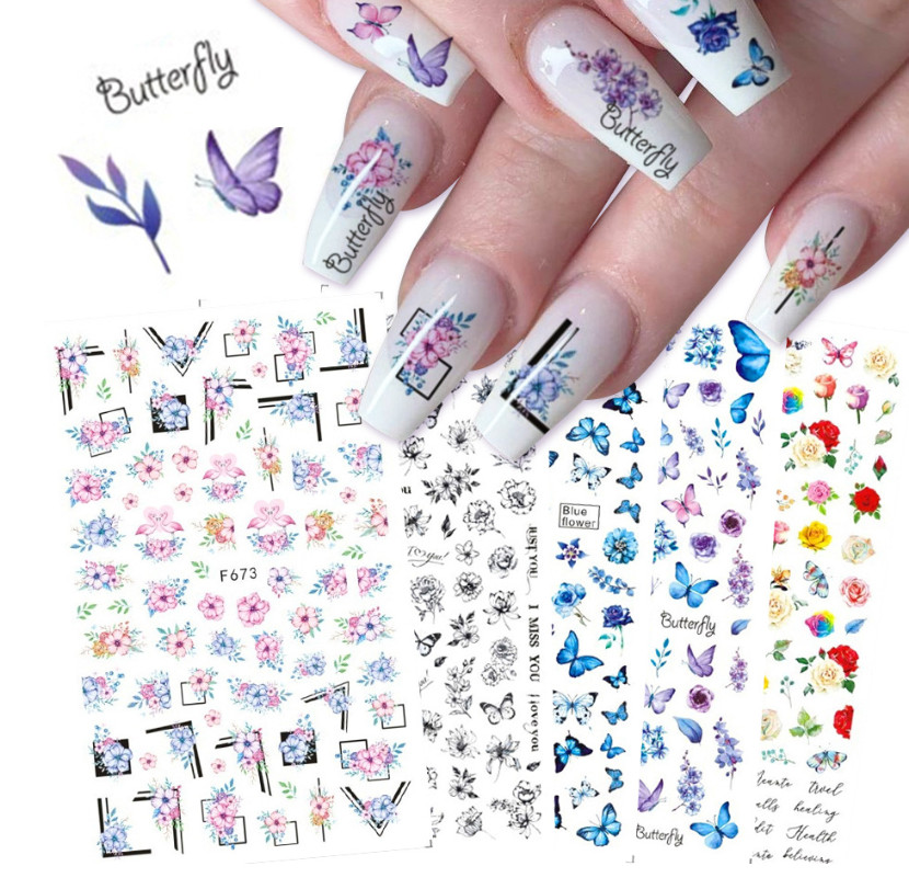 3D Nail Stickers Decals Butterfly Rose Love Flower Cheetah Print Decoration NH20