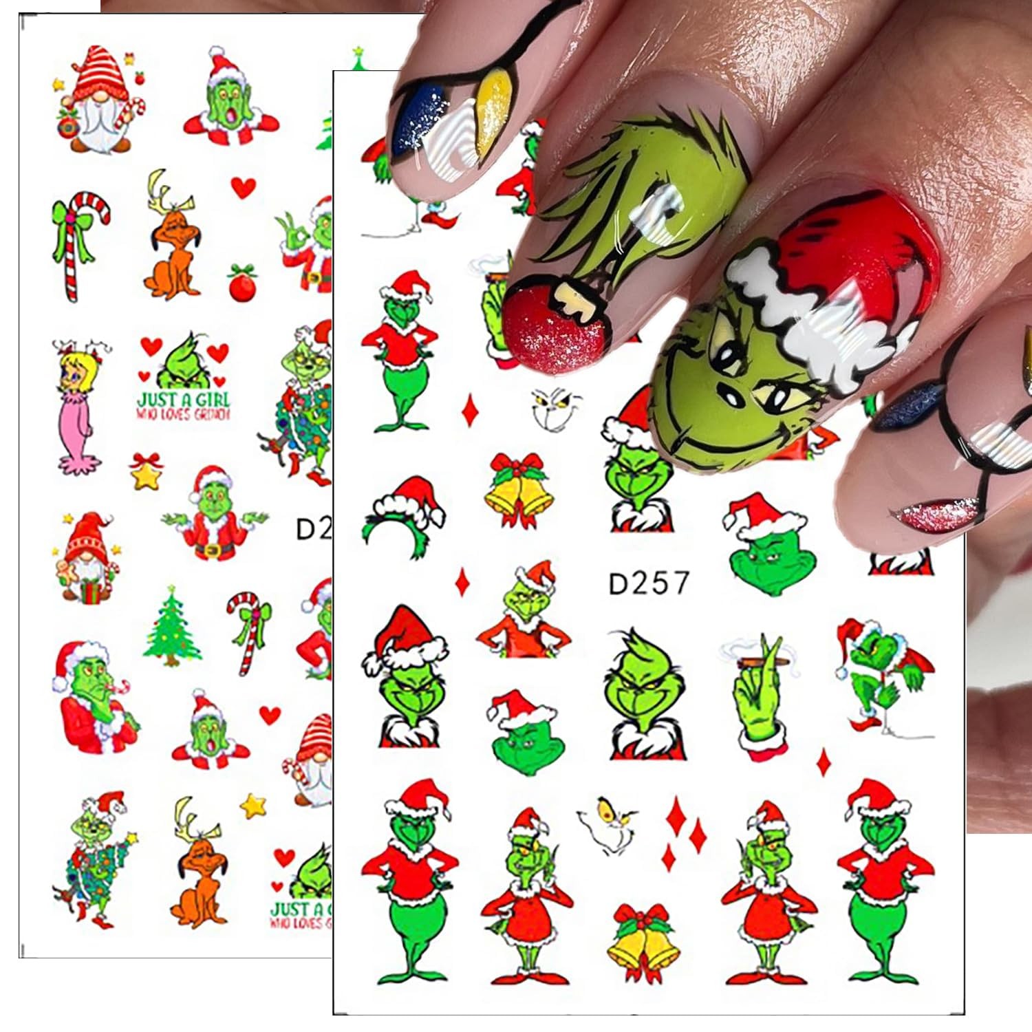 12Sheets Christmas Nail Art Stickers Green Fun Cartoon Santa Claus Designs Na…