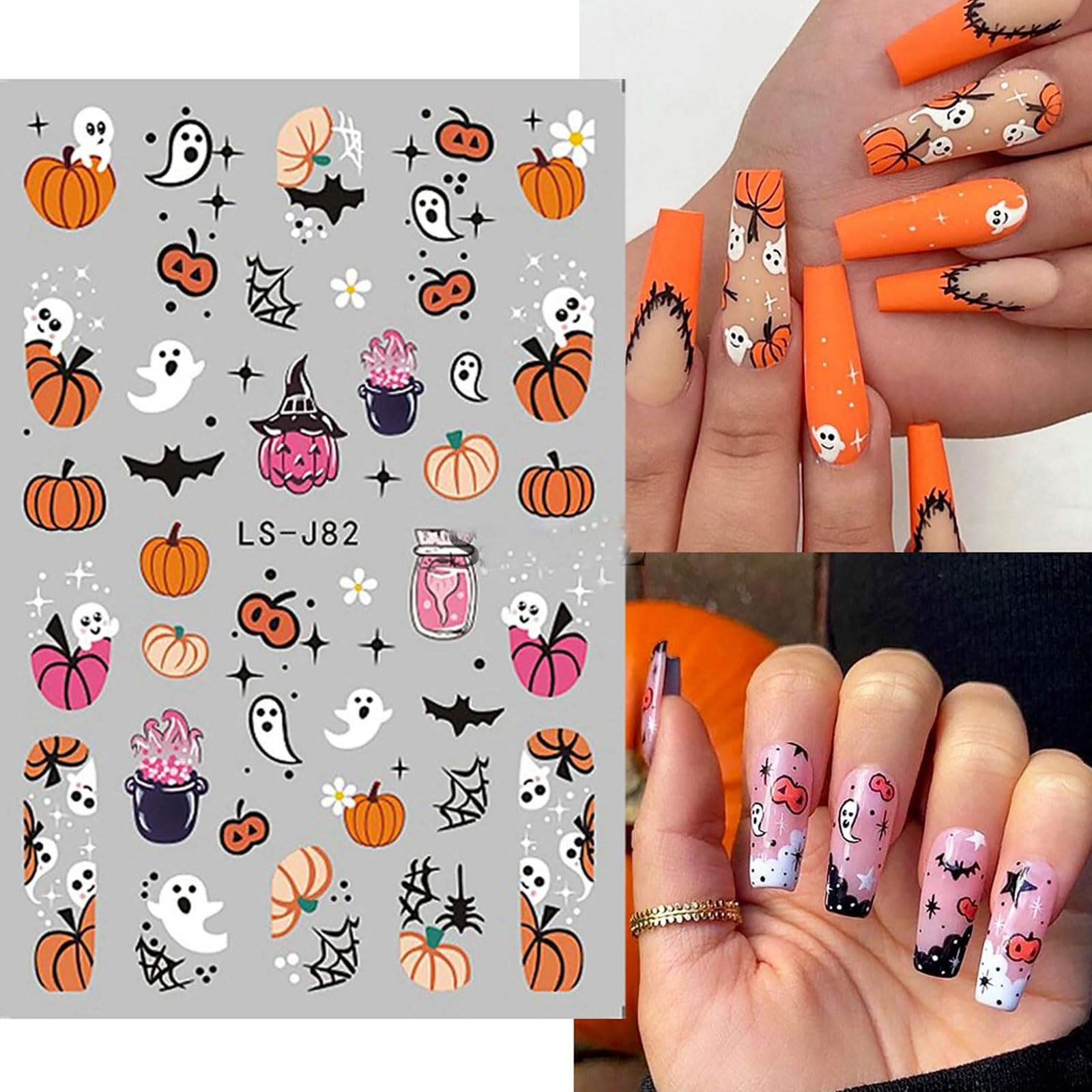 Halloween Nail Sticker Pumpkin Nail Art Sticker Cute Cat Nail Decals Spider W…