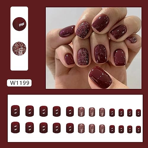 Burgundy Press on Nails Short False Nails Solid Color style14-Burgundy fall