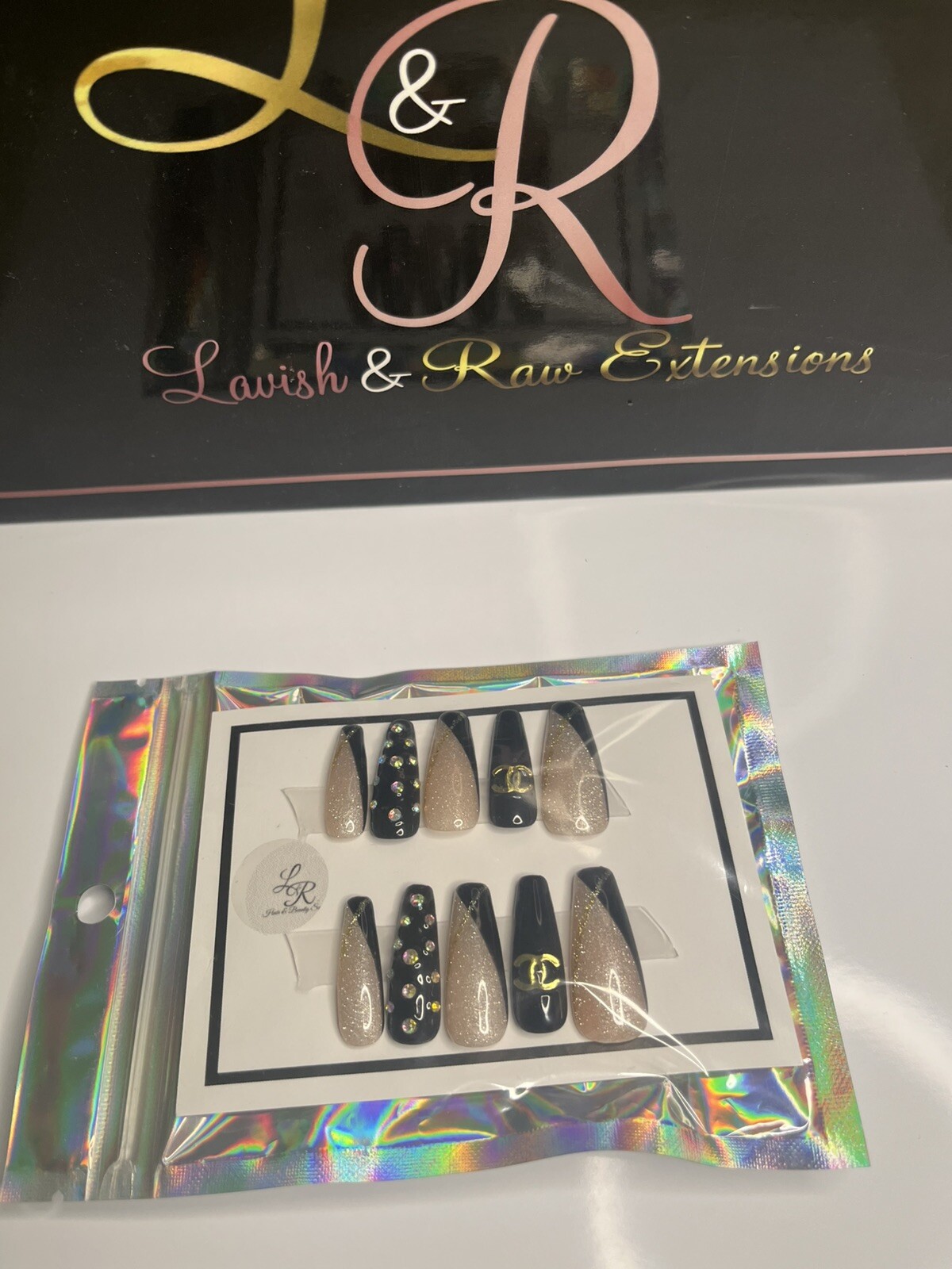 Black & Gold Double C Coffin Med/Long Length Press On Nails